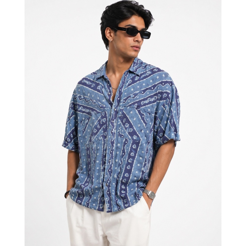 Affinity Sport Shirt Mens Small Blue Batik Geometric Cotton Button‎ Down Boho
